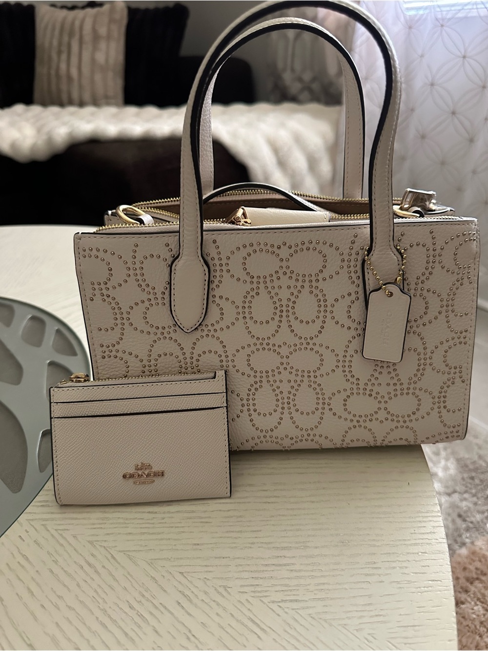 Coach Chalk Perforated Pebble Leather Satchel with Card Case